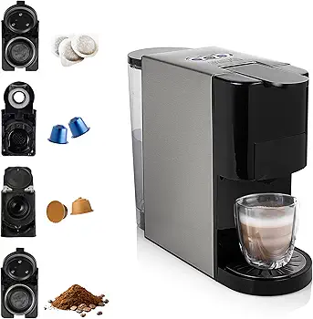 Princess 249450 Máquina de café multicápsulas con adaptadores para cápsulas Nespresso, Dolce Gusto, monodosis ESE y café molido, 19 bares de presión, depósito de agua extraíble de 800 ml, 1450 W