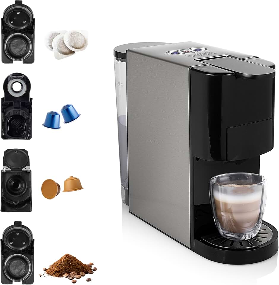 Princess 01.249450.01.001 Caffettiera Multifunzione, Compatibile con capsule Nespresso,Dolce Gusto,cialde ESE e caffè macinato, 19 bar, Nero e argento, 800 ml