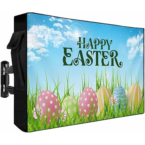 Outdoor TV Cover 70 to 75 Inch Happy Easter Words Eggs Weatherproof Waterproof TV Screen Protector with Zipper&Pocket Blue Sky Green Grass Outside Flat TVs Enclosure
