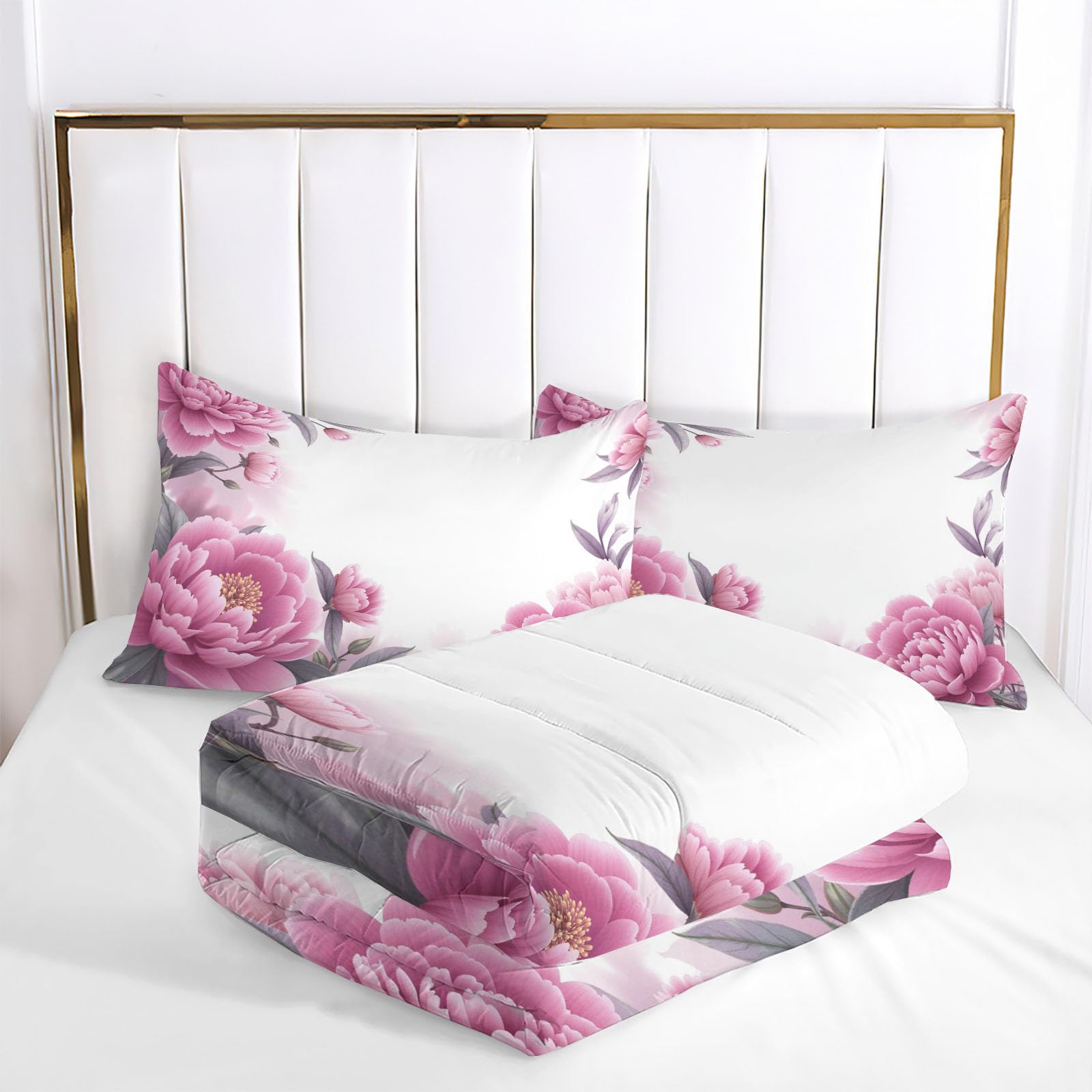 Couette Réversible Bordure De Pivoines pour lit 2 Personnes Couette sans Housse Fleurs À L'Aquarelle Ultra Douce Lavable en Machine avec Taies d'Oreiller pour Toutes Saisons, Violet, 260x230cm