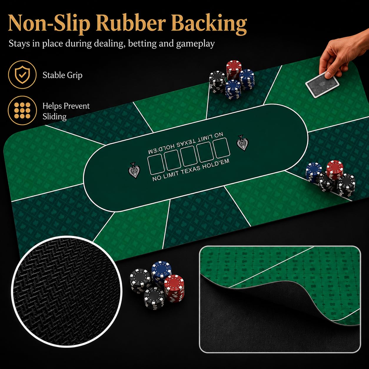 Tapis de poker professionnel Texas Hold'em - 180 x 90 cm - Tapis de poker de luxe - Housse de table de poker - Tapis de blackjack - Avec sac de transport pour une véritable sensation de casino (vert