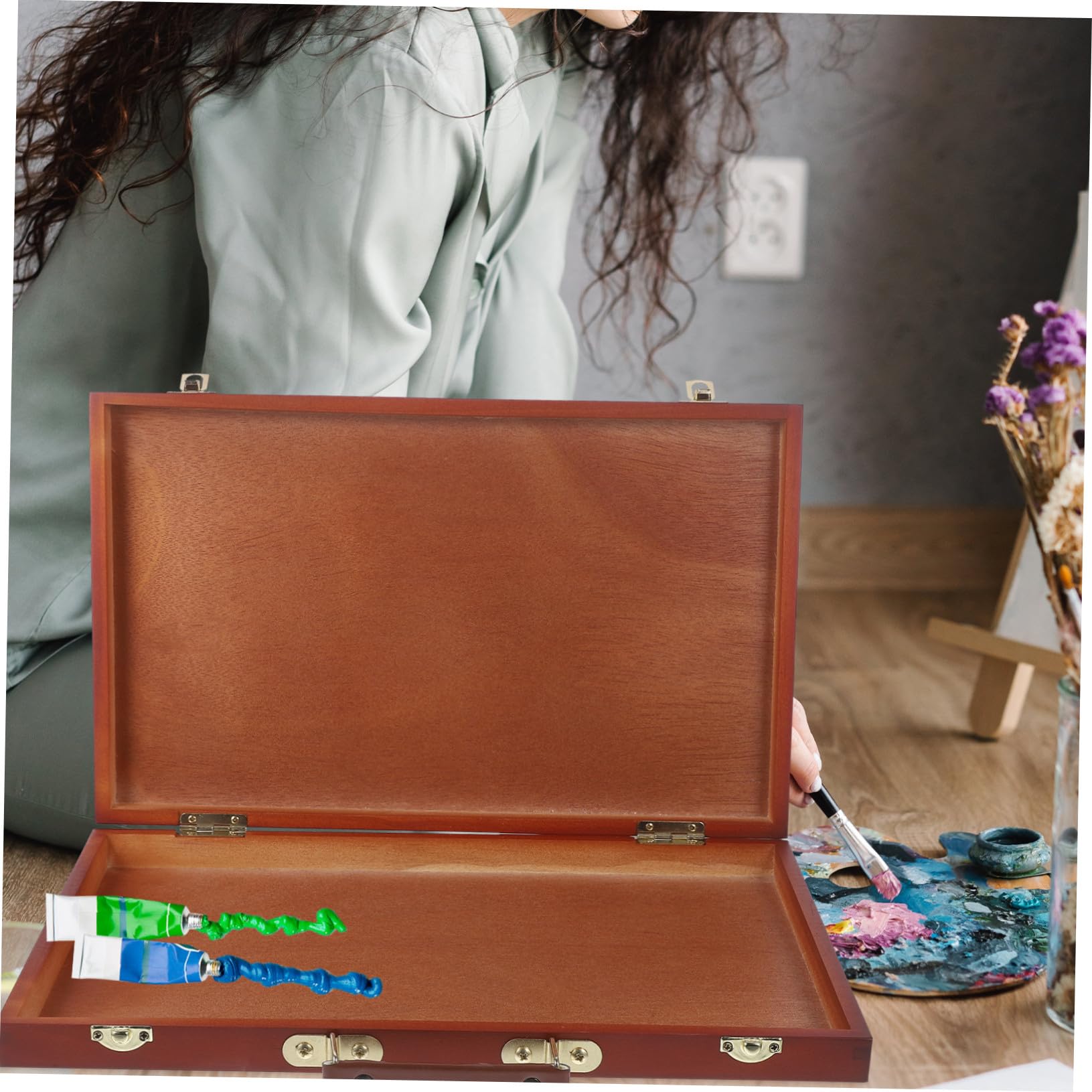 Hemobllo Boîte à Outils De Peinture Multifonctionnelle en Bois pour Artistes, Couleur Noyer, Portable Et Légère, pour Rangement Pigments Et Crayons, Utilisation Scolaire Et Atelier d'art
