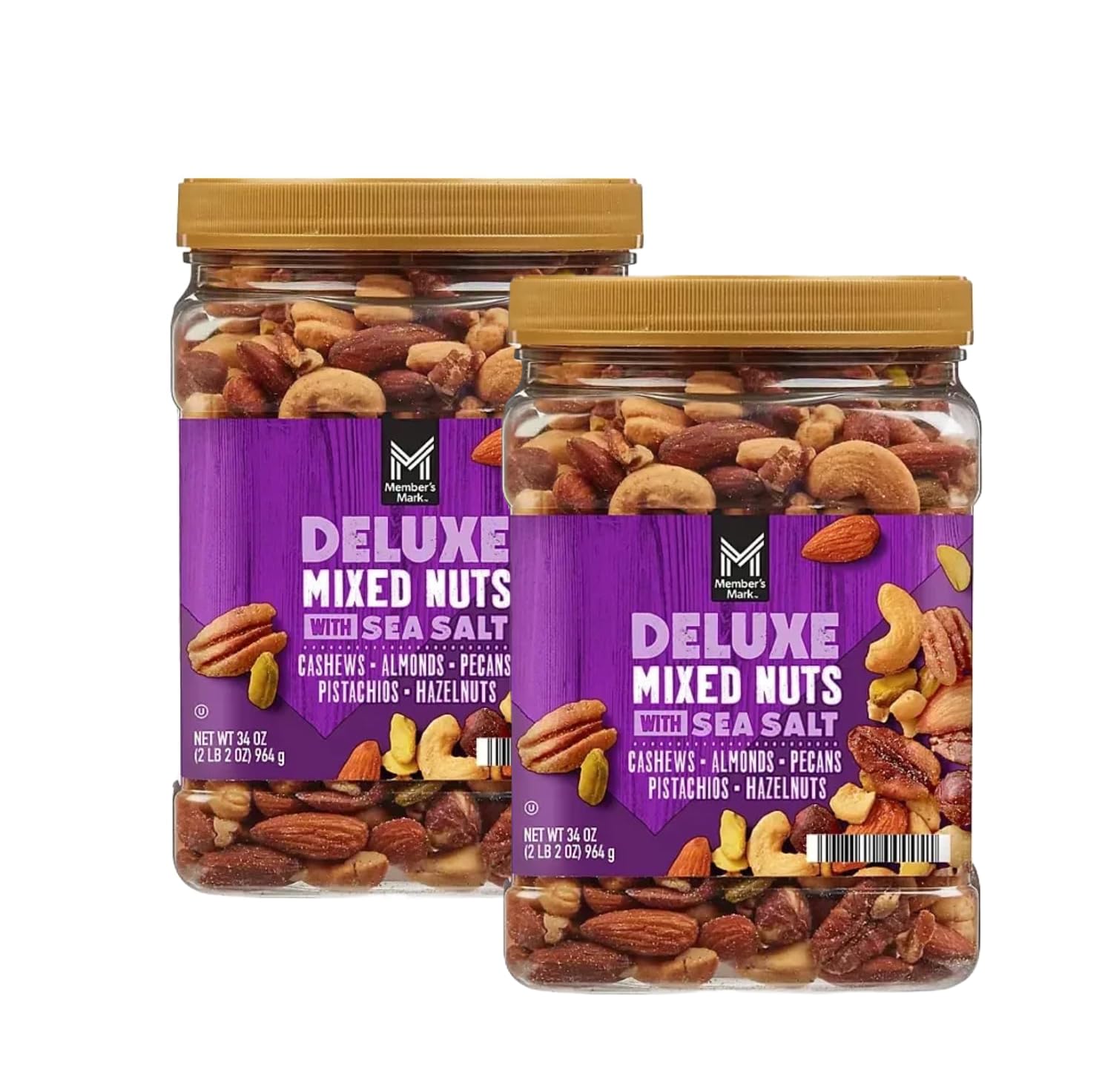 Member Marks Deluxe Mixed Nuts with Sea Salt, 34 oz. Resealable Jar (Pack of 2)- Premium Blend of Cashews, Almonds, Pecans, Pistachios, and Hazelnuts - High Protein Healthy Snack