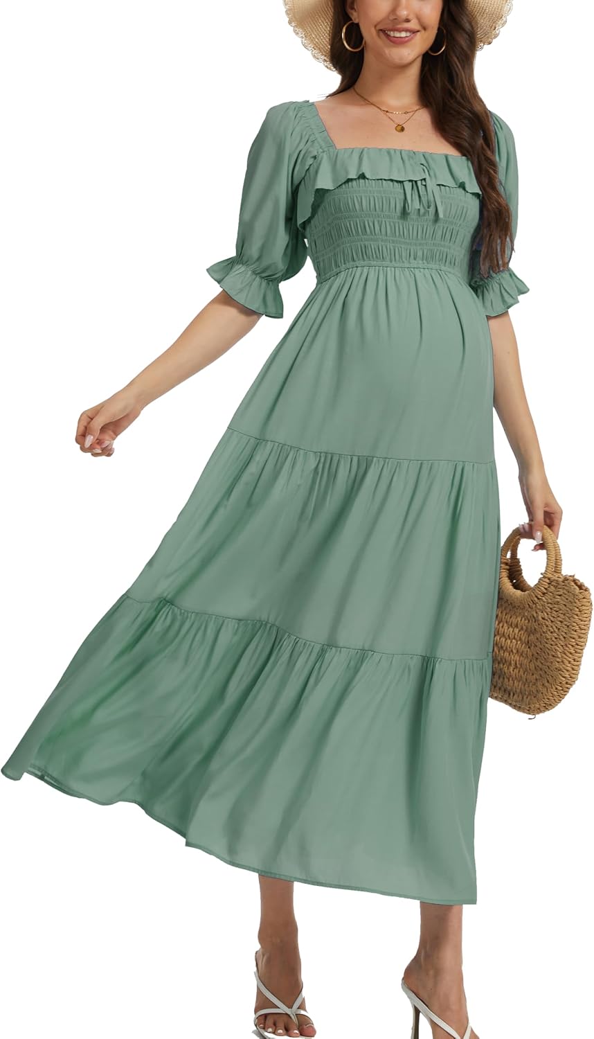 Half Sleeve Maternity Maxi Dress, Off-Shoulder Ruffled Elegant Flowy Baby Shower Photoshoot Dresses