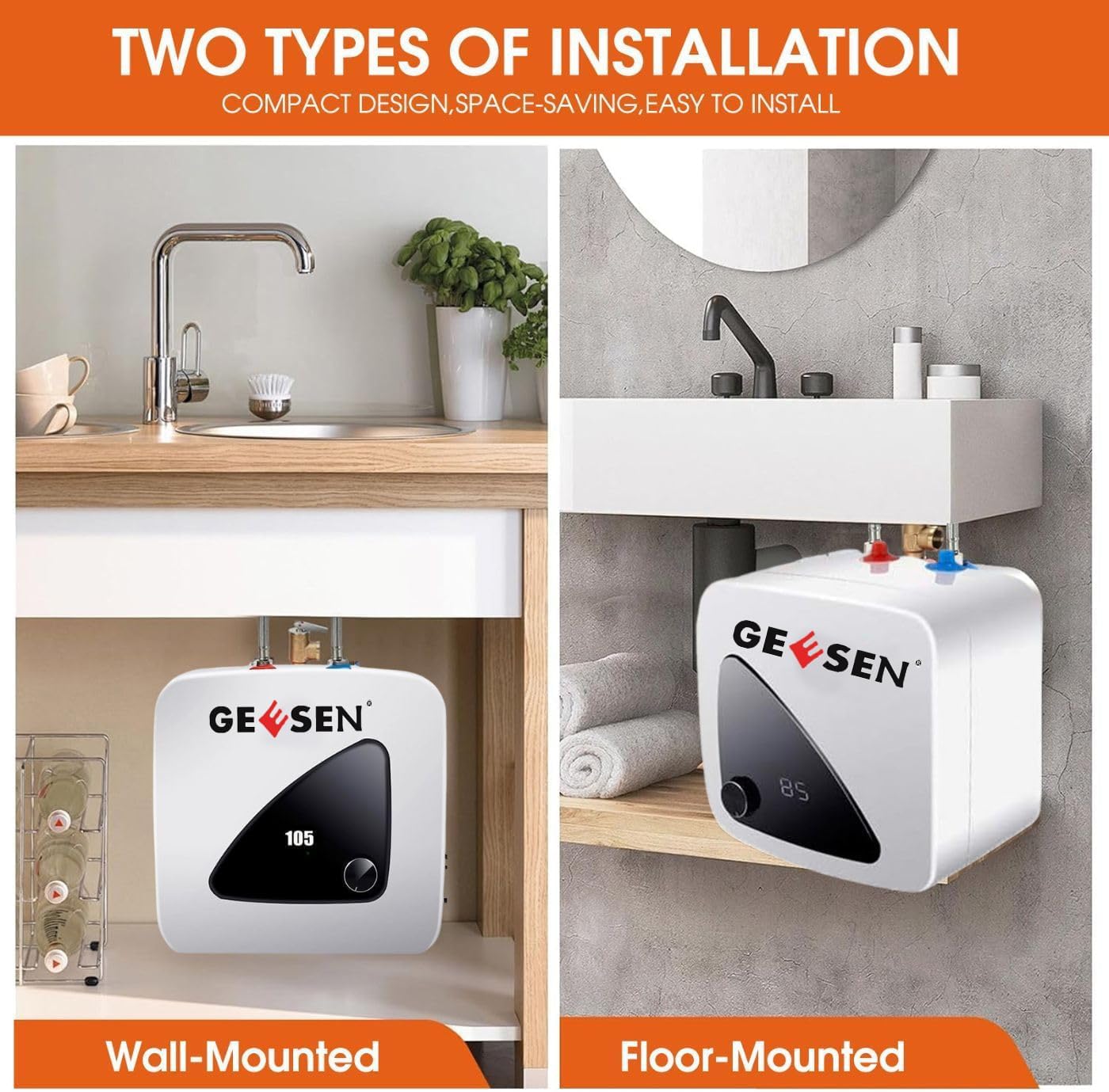 GEESN Electric Hot Water Heater 120V Small Compact Tank Storage,Rv Tr 2.16 Gallon Trailer 1.5KW Kitchen Instant Under Sink Counter,1 PCs 16” Long 1/3”FIP Stainless Steel Water Hose