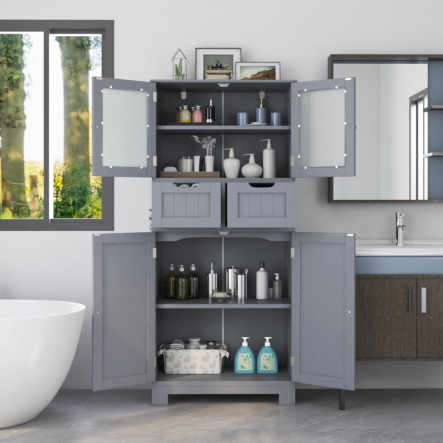 GOFLAME Bathroom Floor Cabinet, Storage Organizer with Glass Doors, Wooden Kitchen Cupboard with Adjustable Shelf for Living Room, Grey