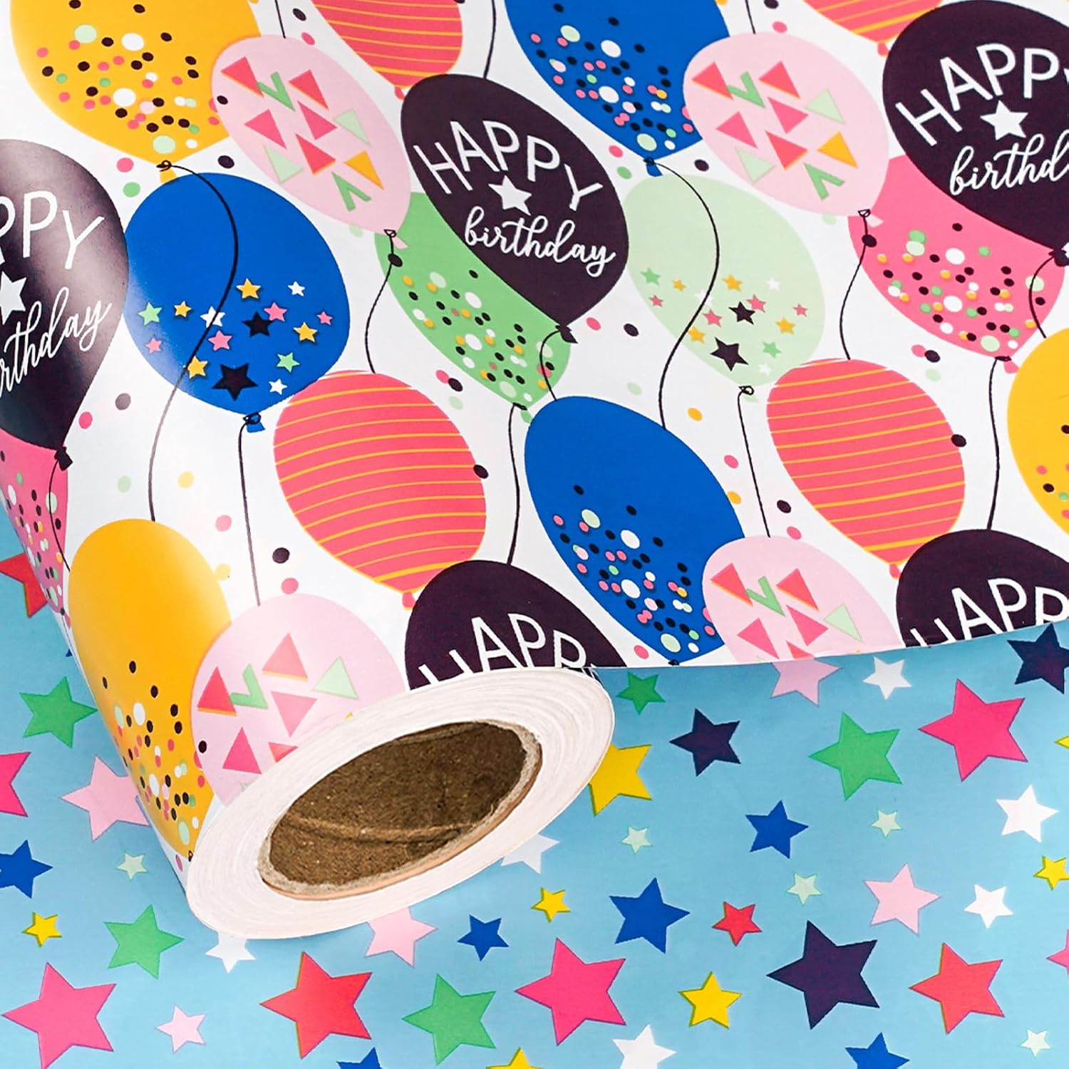 LeZakaa Reversible Birthday Wrapping Paper Jumbo Roll - Colorful Balloon & Stars - 24 inches x 100 Feet (200 sq.ft.)