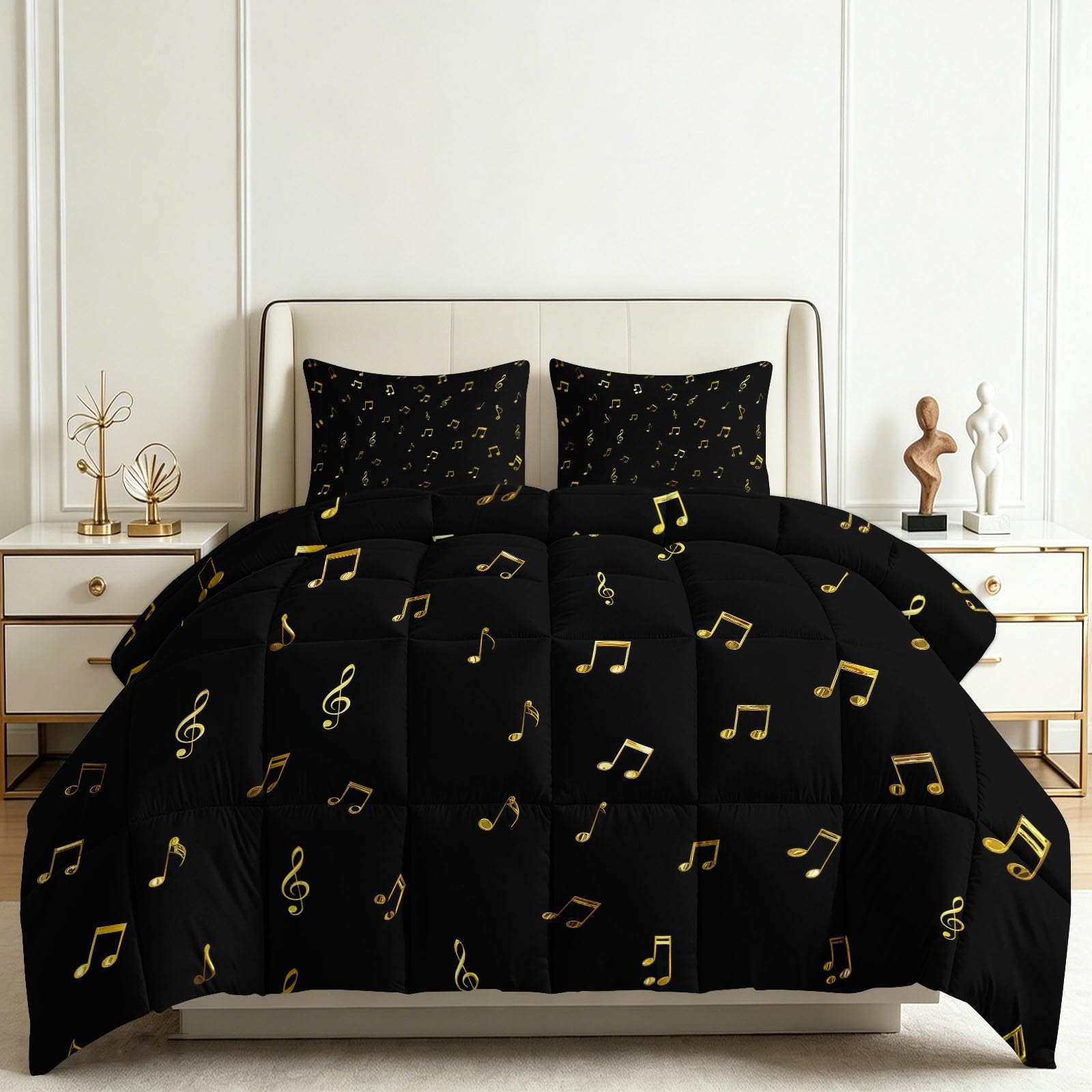 Couette 140x200 cm motifs notes de musique avec 2 taies d'oreiller pour lit 1 personne