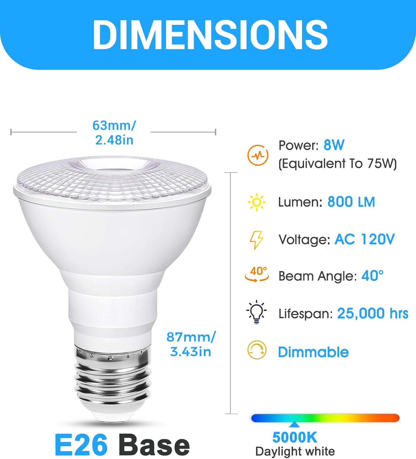 Flaspar PAR20 LED Flood Light Bulb 5000K Daylight White Dimmable Outdoor, 75W Equivalent 8W PAR20 Bulbs, E26 Medium Base, 60° Beam Reflector Flood Lights for Porch Lights, Patio, Garden, 2 Pack
