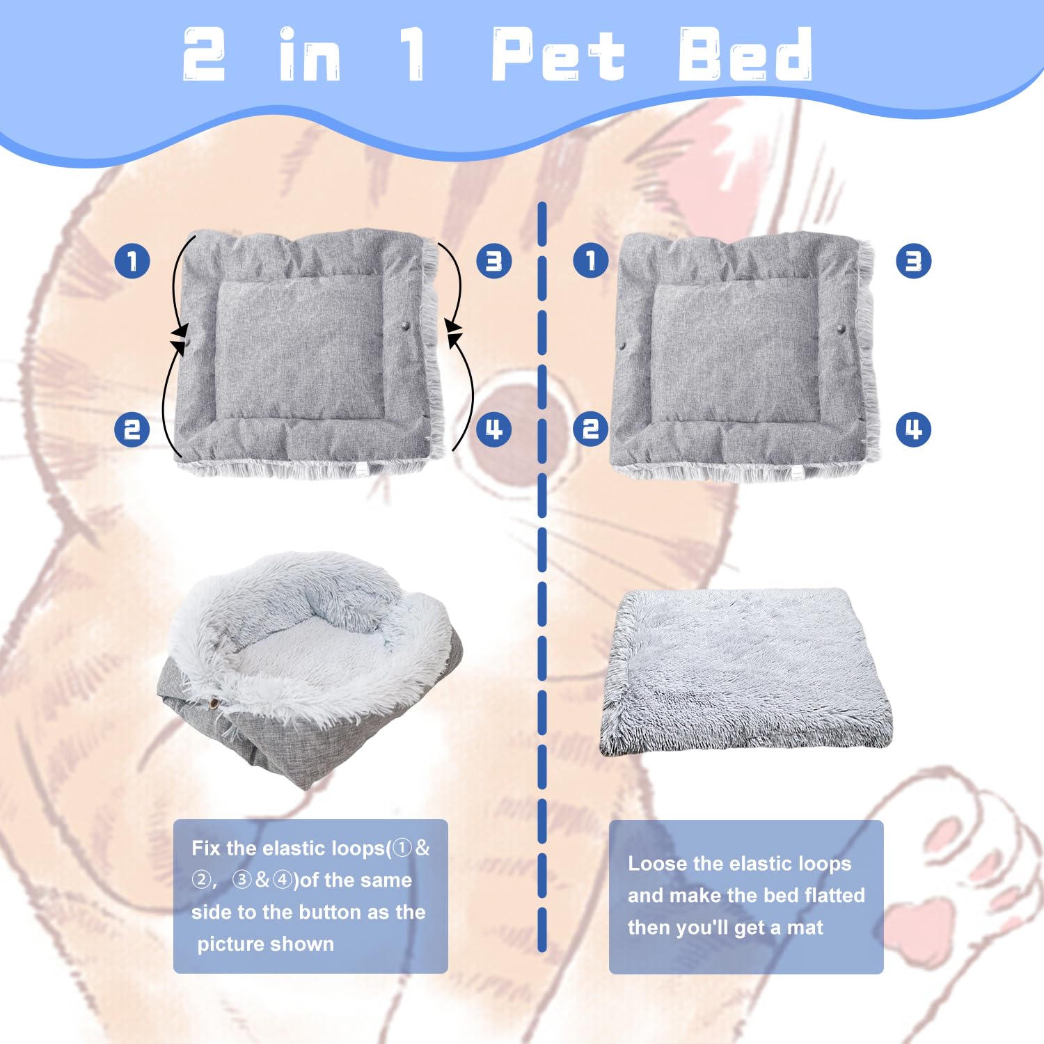 Katzenbett Haustierbett für Katzen kleine Hund Waschbare 2 in 1 Katzenbett Plüsch Weich Schlafen KatzenbettHundebett Katzensofa Flauschiges Matte Katzendecke(Grau)