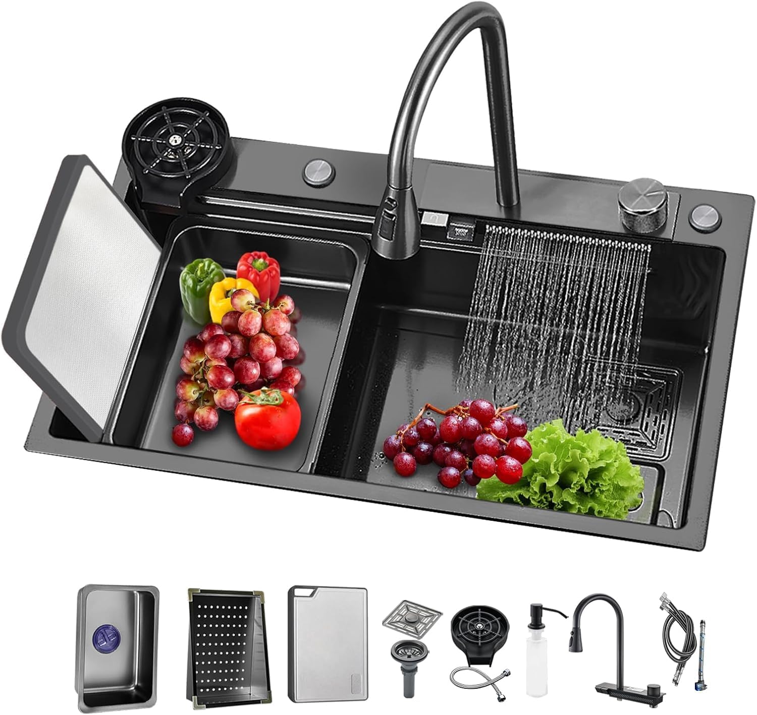 Rectangle Kitchen Sinks Countertop or Embedded or Undermount Drop In Single Bowl Stainless Steel with Sink Protector Grid Black 30" x 19" x 10"