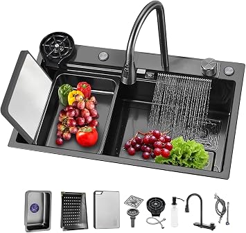 Countertop Kitchen Sink with Drain basket, cutting board, vegetable sink, multi-function pull-out faucet set Gold 27" x 18" x 8"