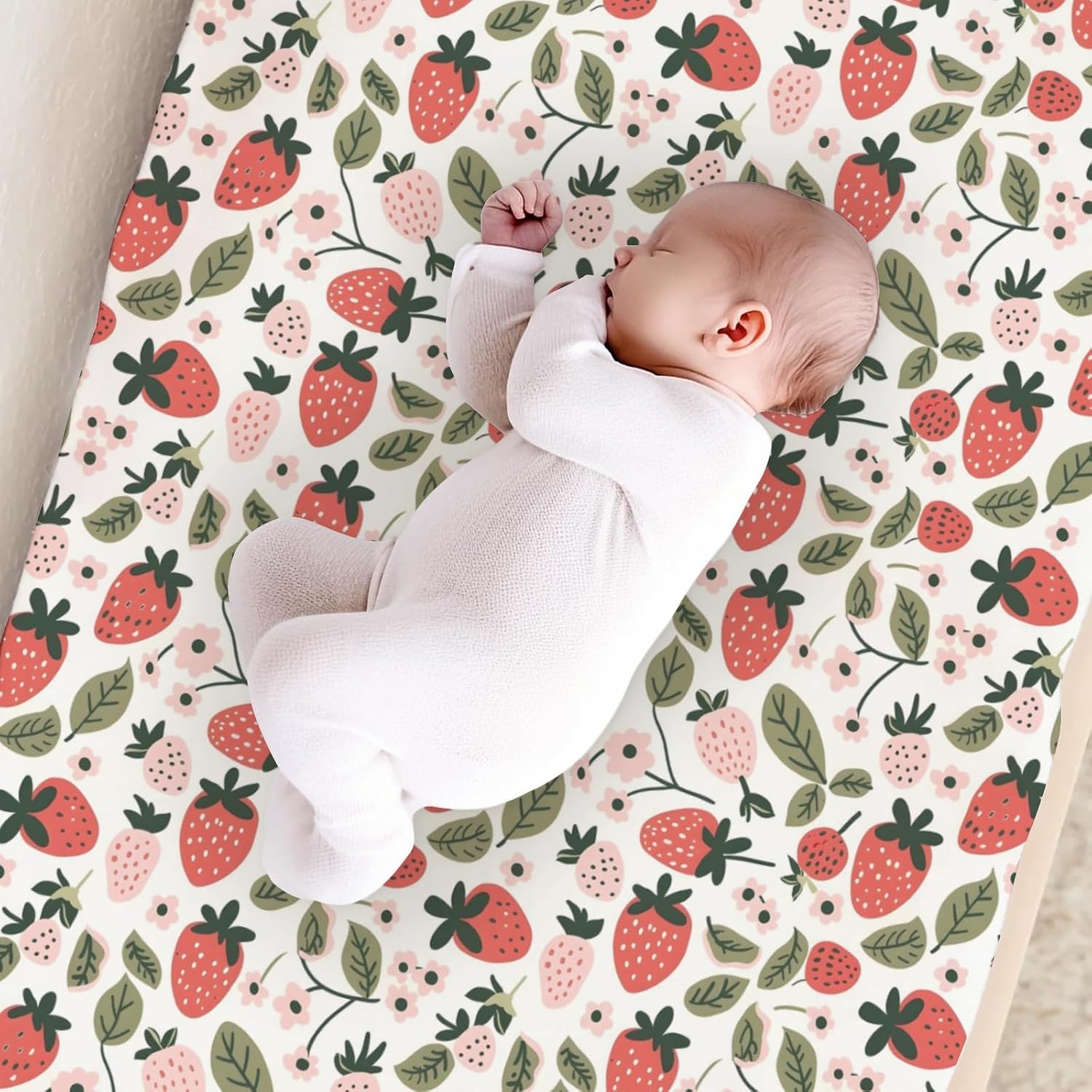 Cartoon Strawberry Flowers Leaves Baby Changing Pad Cover,Unisex Fruits Nursery Diaper Changing Table Pad Mat Sheet for Boys Girls-16x32 image 4