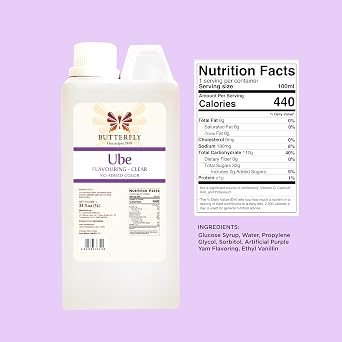 Butterfly Ube Purple Yam Flavoring, Clear Color, 34 Fl Oz (1L) Ube Extract for Baking, Drinks, Desserts, Coffee, Ice Cream, Restaurant Size