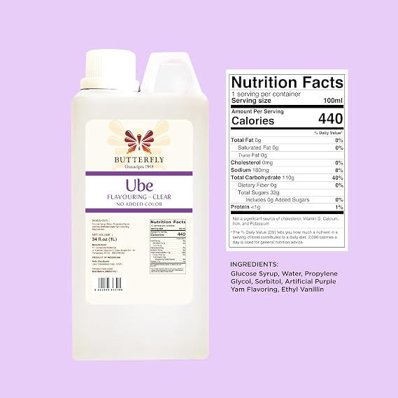Butterfly Ube Purple Yam Flavoring, Clear Color, 34 Fl Oz (1L) Ube Extract for Baking, Drinks, Desserts, Coffee, Ice Cream, Restaurant Size