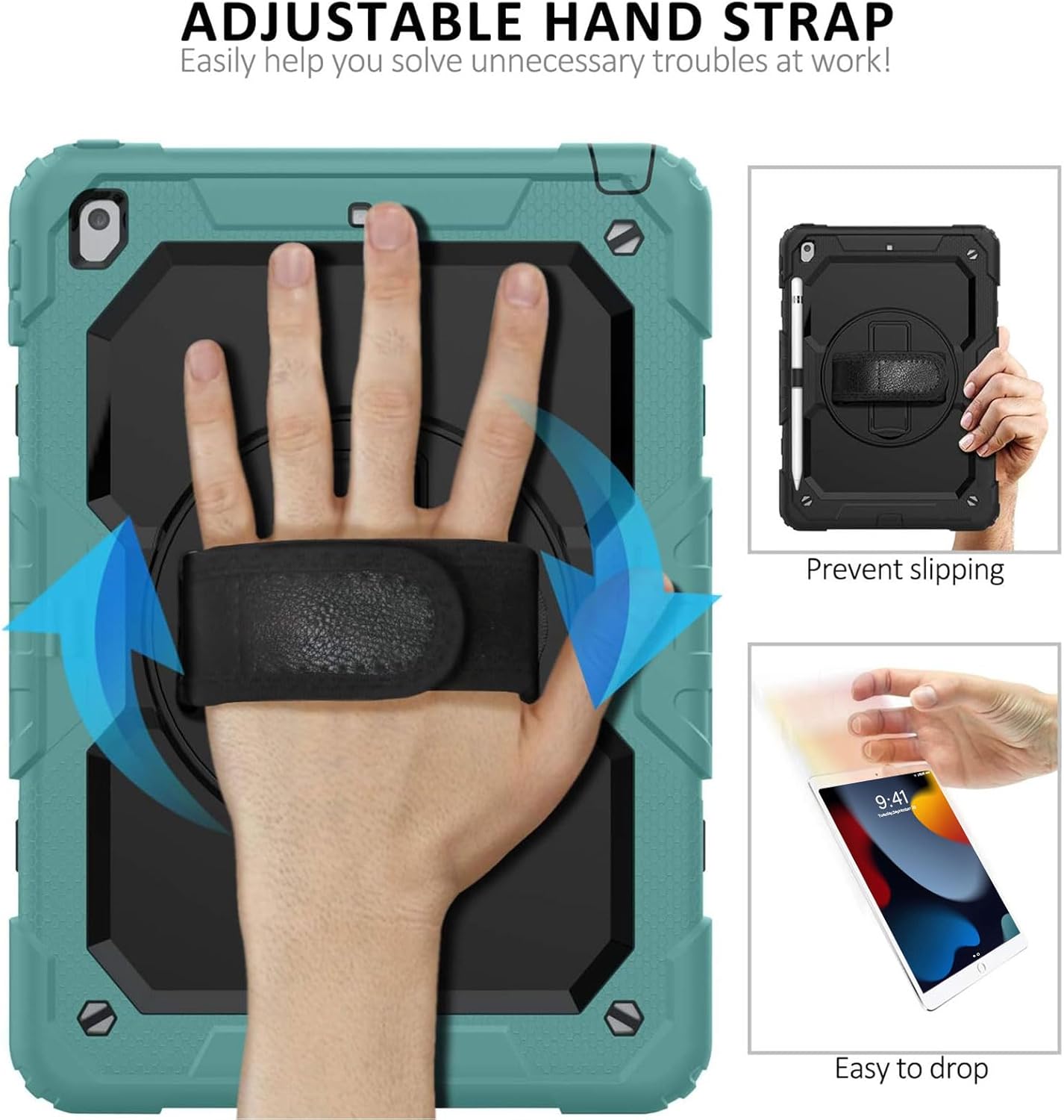 Ambison Case for iPad 9th/8th/7th Generation 10.2'' 2021/2020/2019, [Kid Proof] Full Body Protective Case with 9H Tempered Glass Screen Protector, 360° Rotatable Kickstand & Hand Strap (Teal & Black)