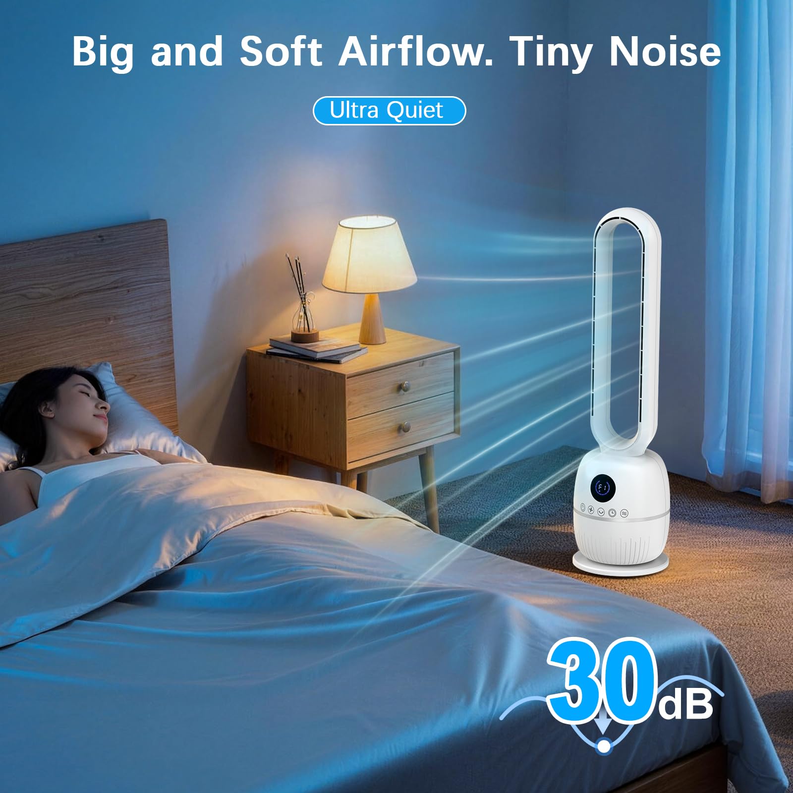 Ventilatore a Torre Senza Pale, 90CM Ventilatore Senza Pale, Motore DC, 12 Velocità, 12H Timer, Telecomando, Display LED, Oscillazione Automatica 60°