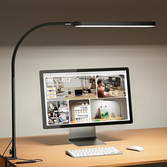 SKYLEO Lampe de Bureau LED - 85cm Lampe Pince - Contrôle Tactile - 5 Modes X 11 Niveaux de