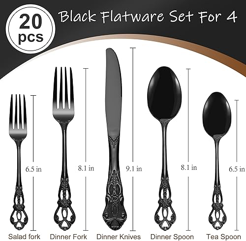 Miniatura 3 de Runfly Gorgeous Retro Royal Black - Juego de cubiertos de acero inoxidable de 20 piezas juego de cubiertos negros juego de cubiertos oscuros de