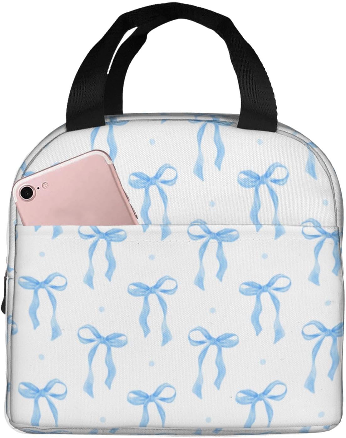 Lunch Box Lunch Bag for Women Men, Cute Blue Ribbon Bow Watercolor Insulated Lunch Tote Bags Small Lunchbox for Work Picnic Travel Office, 8.5 × 8× 5 inch