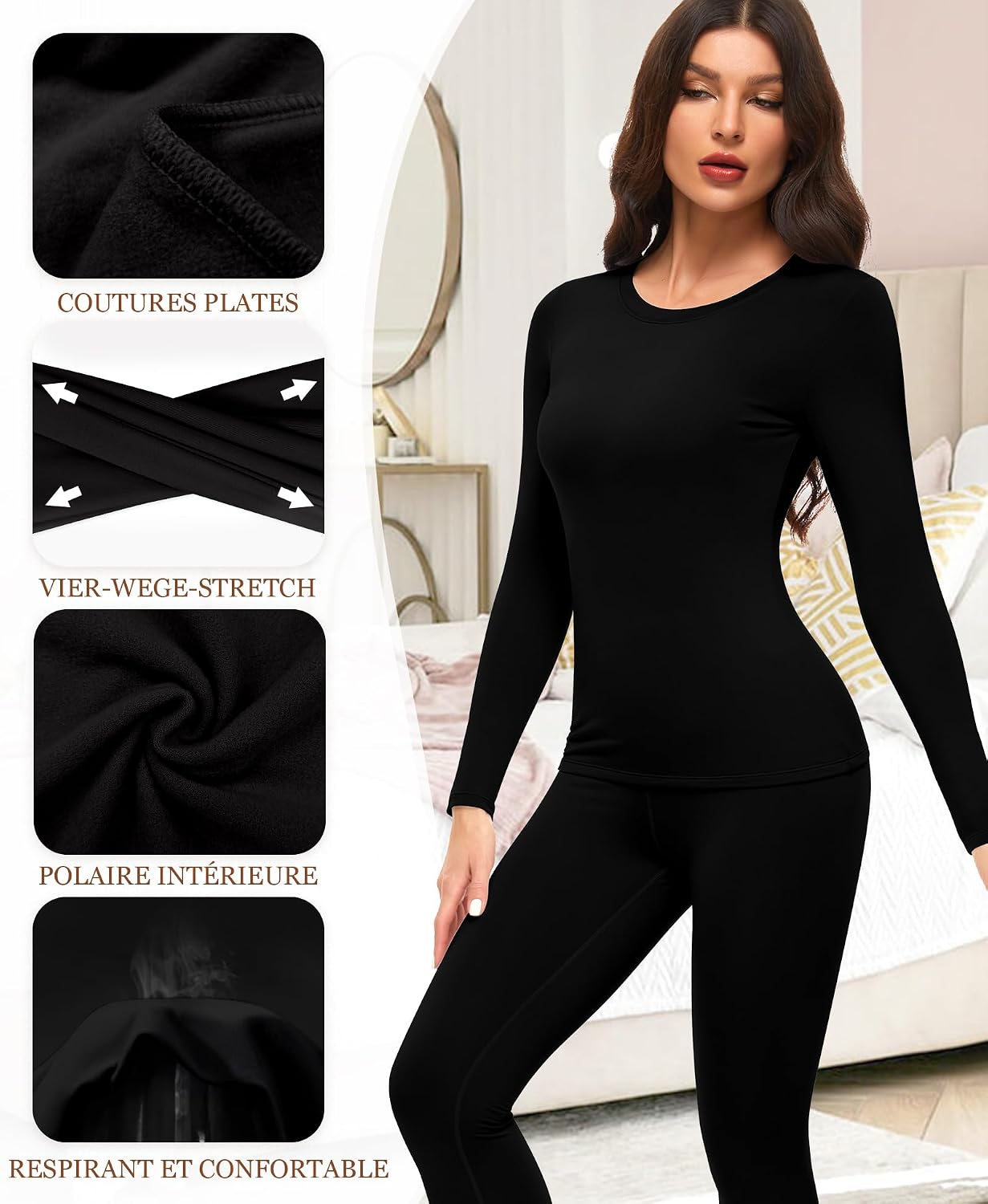 Women's Thermal Underwear Long Sleeve Base Layer Top and Trousers Warm & Light Crew Neck Ski Winter Fleece