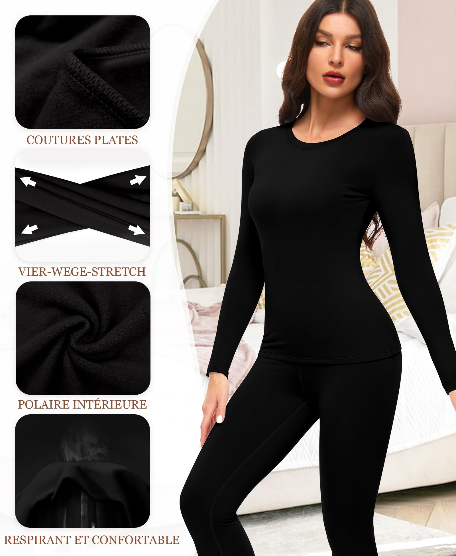 sous Vetement Thermique Femme Haut Manches Longues Pantalon Chaud & Léger Col Rond Ensemble Ski Hiver en Polaire Leggings