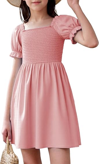 JiAmy Girls Summer Dress Ruffle Puff Sleeve Casual Dresses for Kids Square Neck Smocked Flowy Dress 5-14 Y