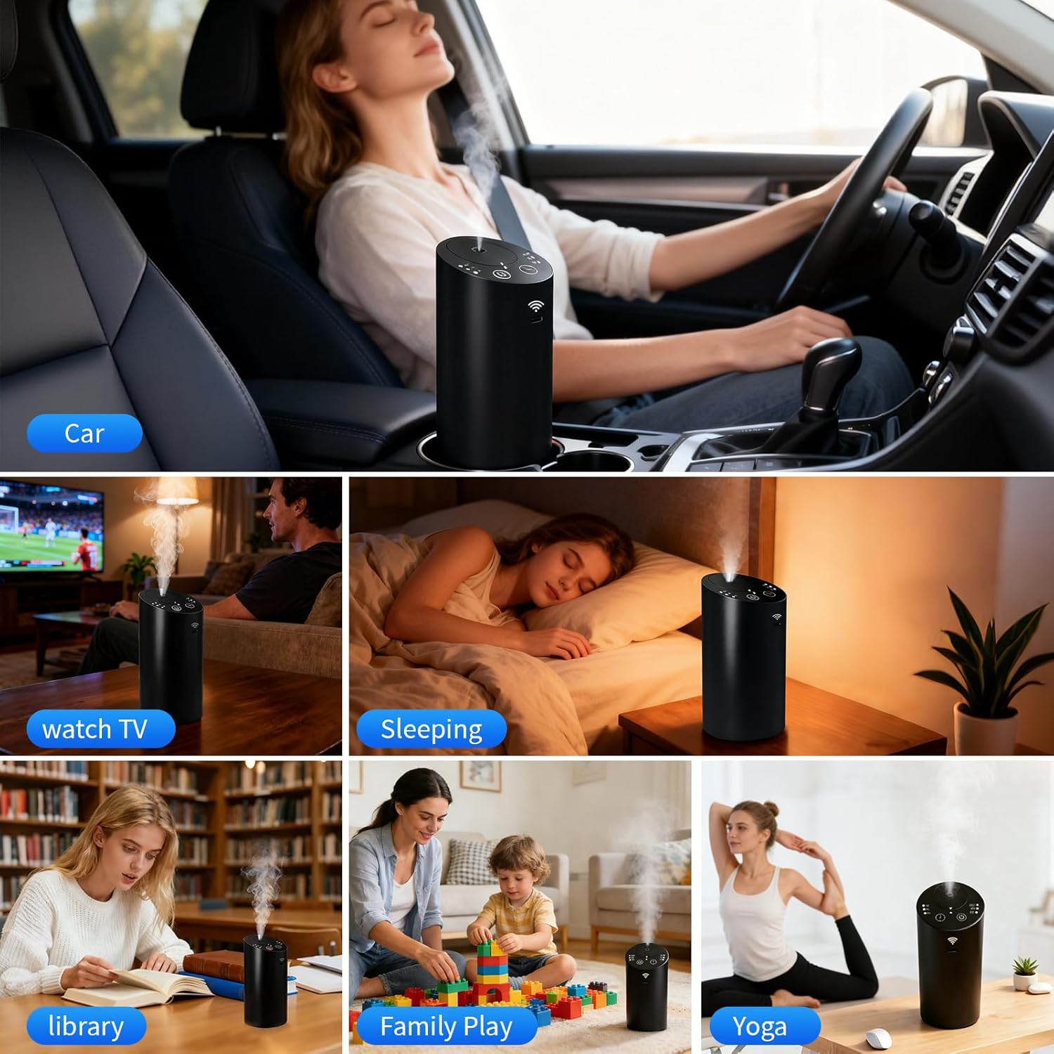 Waterless Essential Oil Diffuser Starter Kit & Waterless Diffuser Bundle, Battery Operated Portable Scent Diffuser, 3 Timers & Mist Levels for Home Car Office Bevel Design(Bluetooth Control)