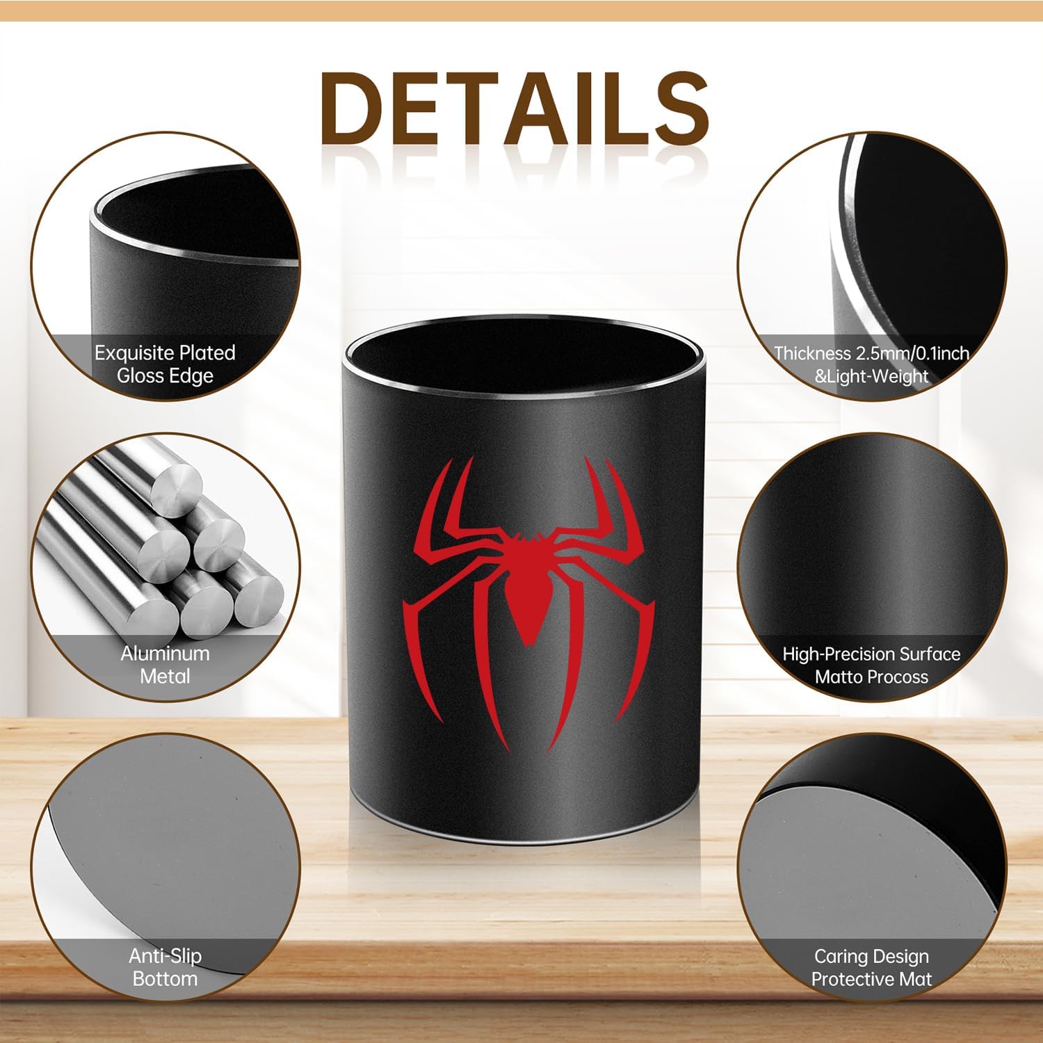 Spider Metal Pen Holder Aluminum Pencil Holder for desk,Round Desktop Organizer and Black Pencil Cup for Office, School, Home and Stationary Supplies (Spider)