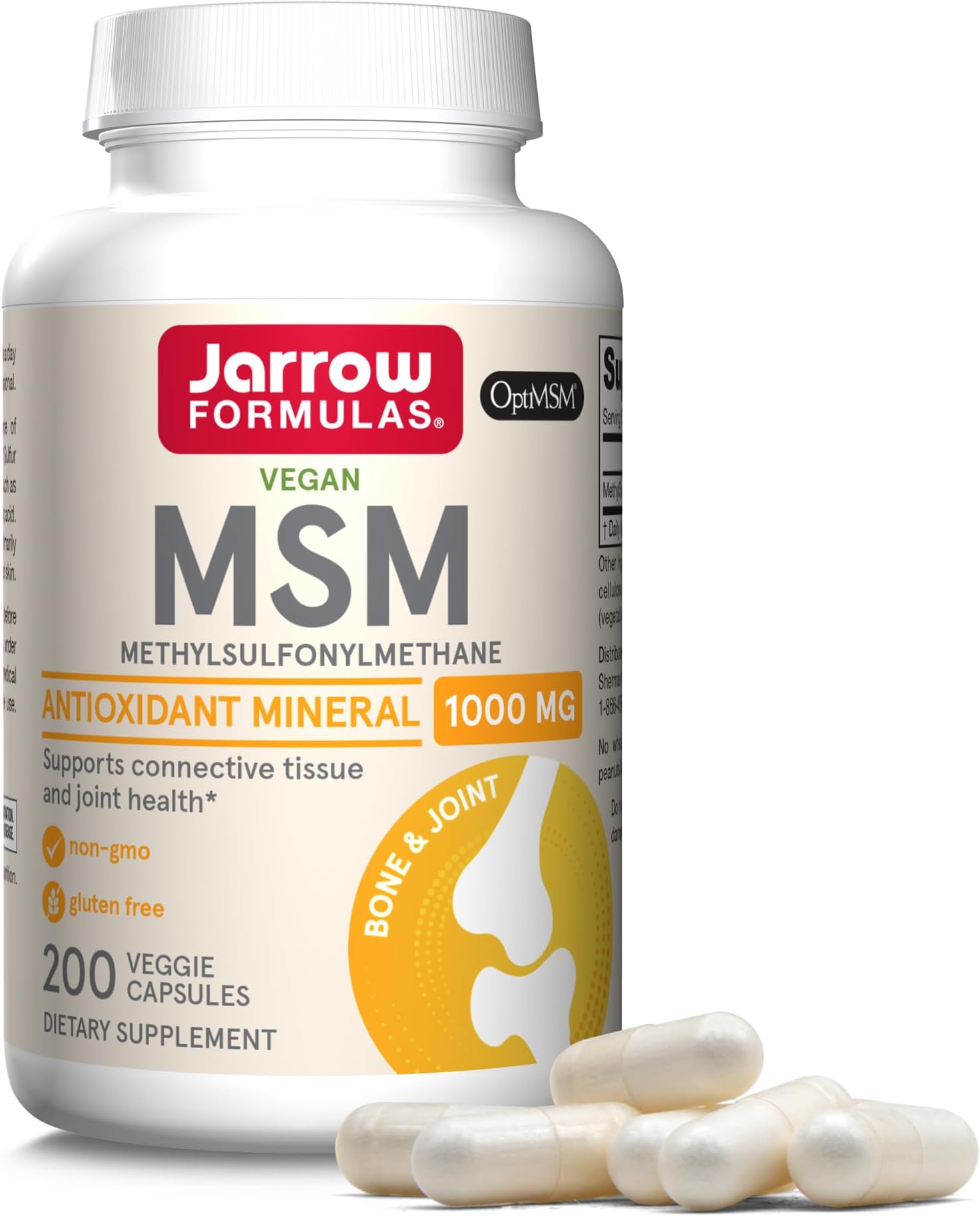 Jarrow Formulas MSM 1000 mg - 200 Veggie Capsules - Methylsulfonylmethane - Source of Sulfur - Dietary Supplement Supports & Strengthens Joints - Up to 200 Servings | Methylsulfonylmethane, Bioavailable Sulfur, MSM Supplement, Connective Tissue Support, Antioxidant Support