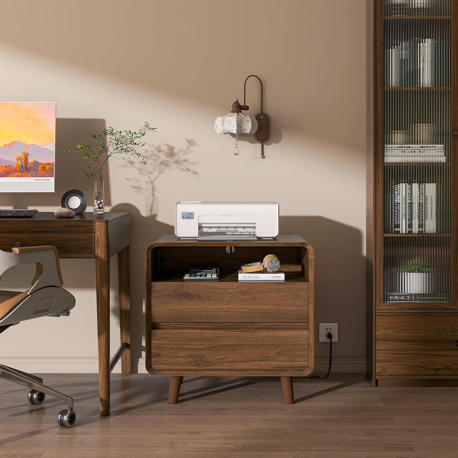 Mid Century Modern Nightstand with Charging Station, Wood Bedroom End Tables Set of 2 Nightstands with Drawers, Curved Bedside Table for Living Room, Bedroom, Walnut