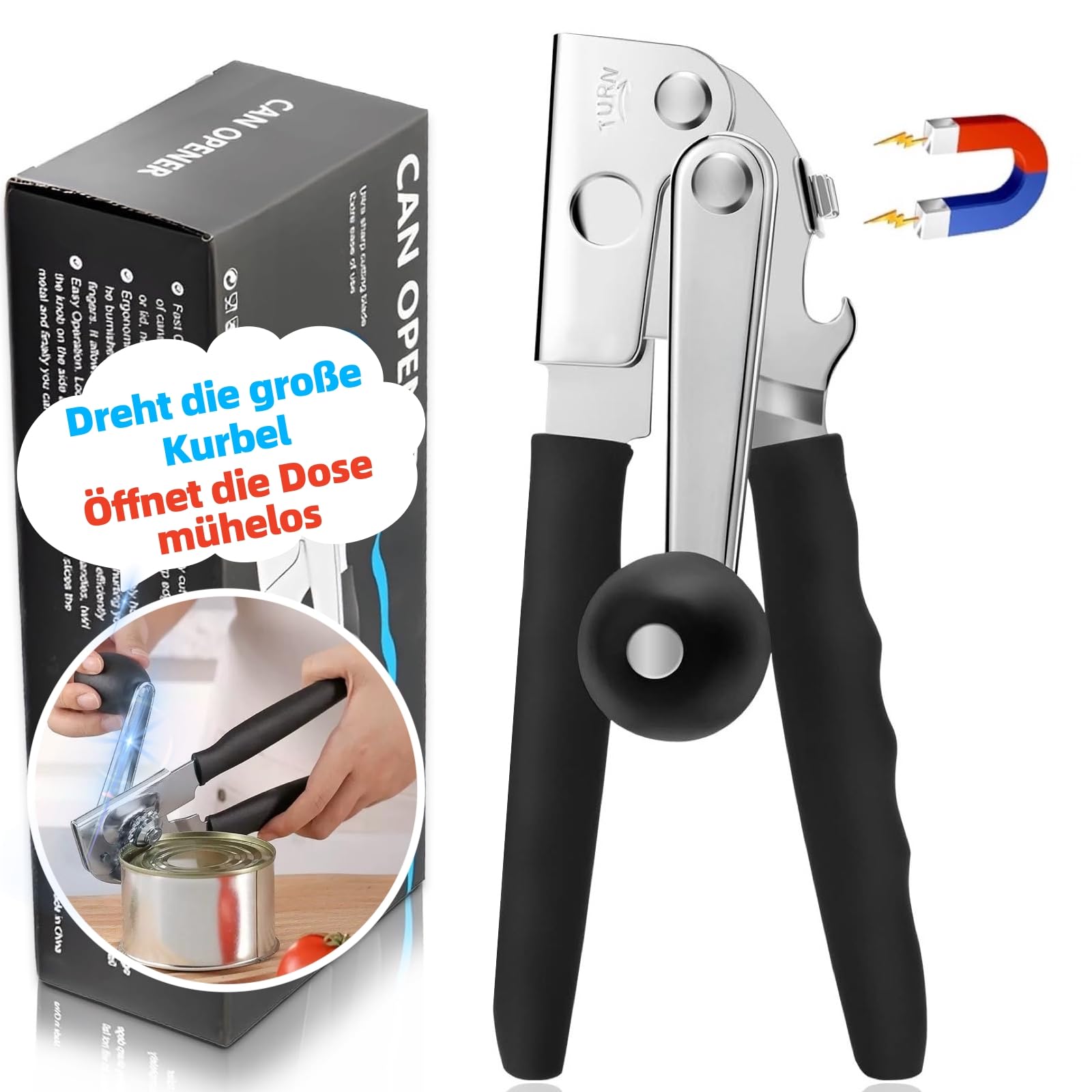 Apriscatole professionale in acciaio inox con impugnatura comoda, funzionamento manuale, bordo liscio, per anziani e cucina (nero)