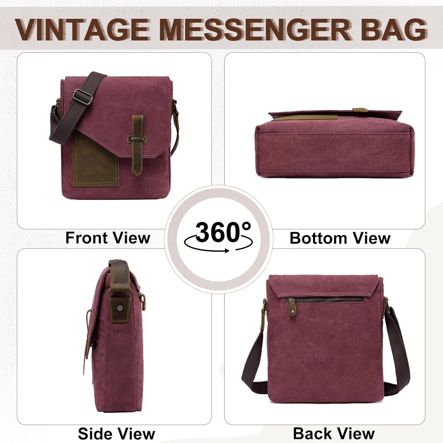 VASCHY Small Messenger Bag, Vintage Canvas Leather Lightweight Crossbody Bag - Image 4