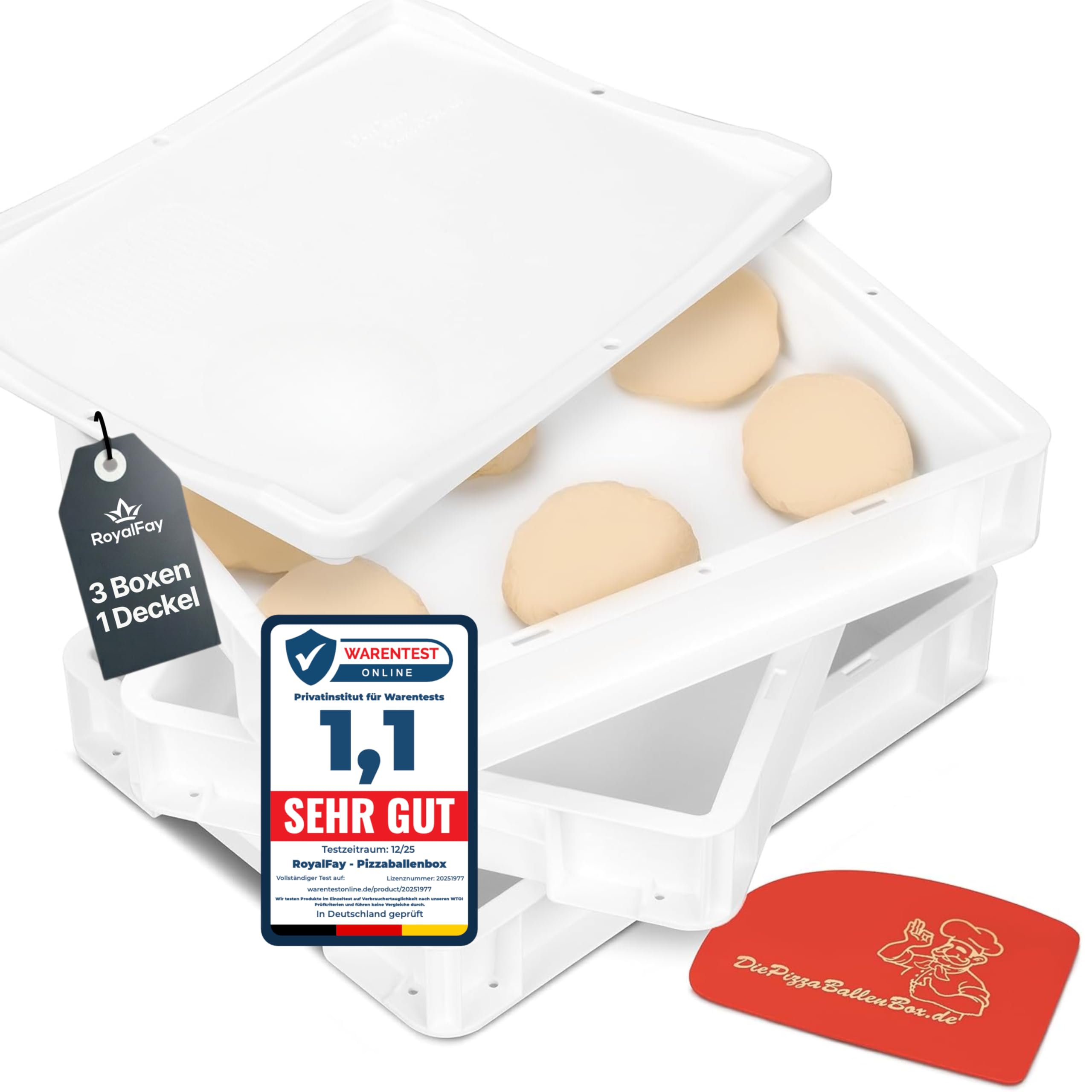 RoyalFay® Pizzaballenbox 3er Set – Made in Germany – Gärbox 30x40x8 cm mit 1 Deckel – lebensmittelechte & BPA-freie Teigbox für Pizzateigballen – stapelbar & robust – (weiß)