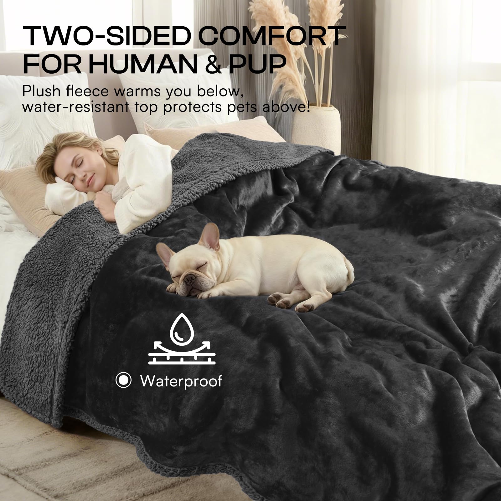 Manta impermeable a prueba de líquidos, manta para perros para sofá, cama, sofá, manta de forro polar sherpa, protección para perros pequeños, medianos y grandes, gatos, negro, XL (215,9 x 144,8 cm)