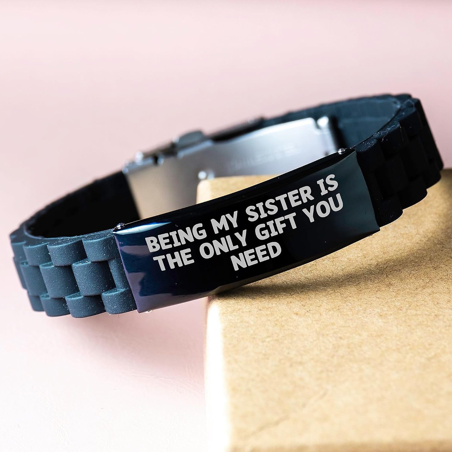 Funny Sister Gifts for Graduation - Glide lock Clasp Black Stainless Steel Silicone Adjustable Bracelet with 'Being My Sister Is The Only Gift You Need' Quote, Gifts from Family