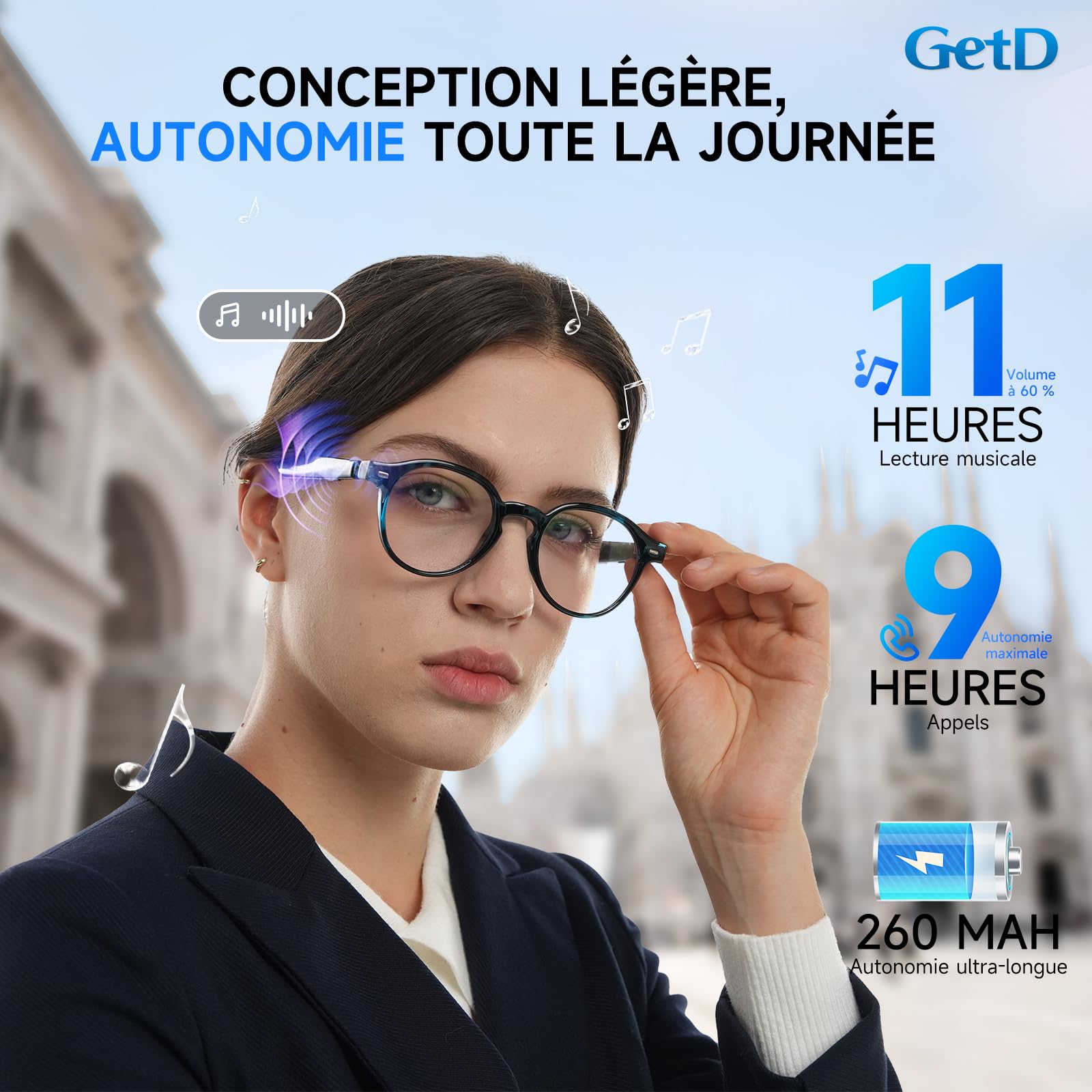 GetD Lunettes AI Intelligentes pour Hommes et Femmes, Lunettes Audio Bluetooth et Écouteurs à Oreilles Ouvertes et Assistant AI avec Traduction AI (Cadre Noir + Lentille Transparente)
