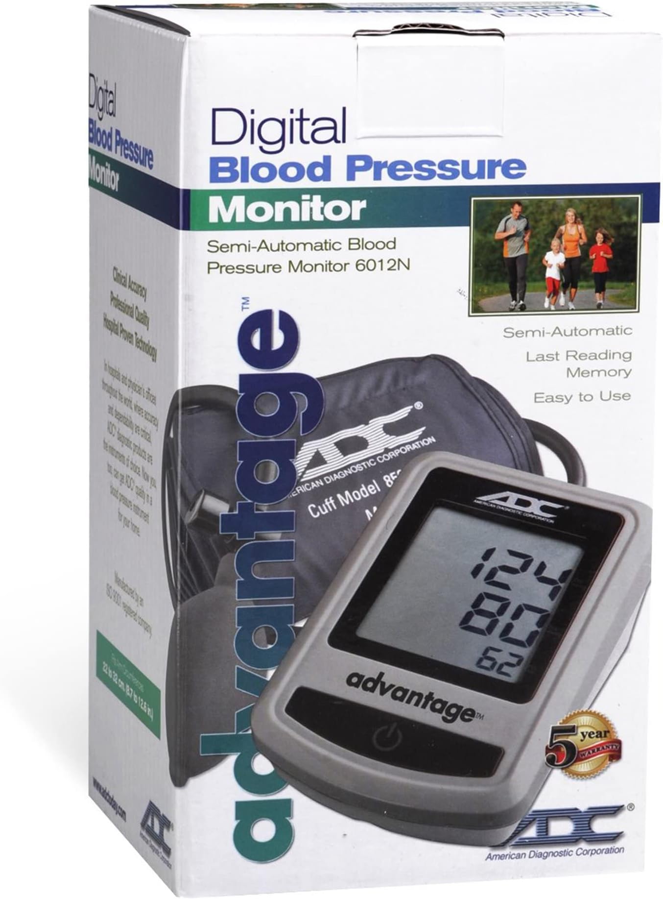 Advantage 6012N Series Adult Cuff Arm Home Semi Automatic Digital Blood Pressure Monitor 1-Tube Blue 1 Each