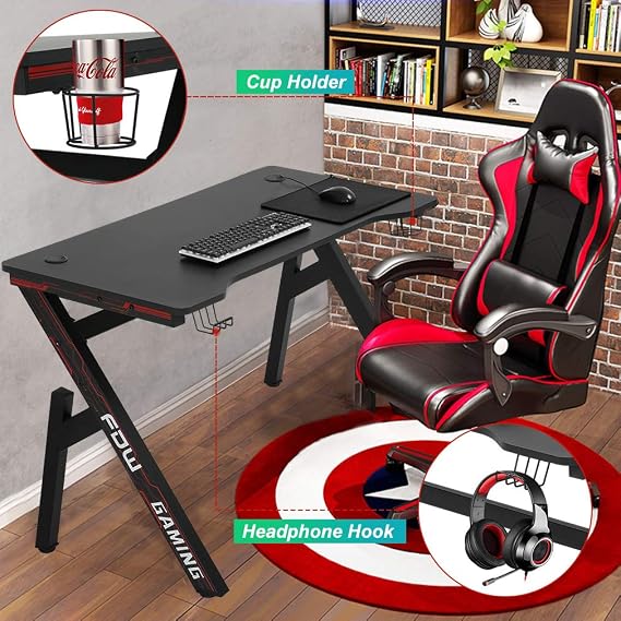 BestOffice Gaming Computer Desk Home Office Desk Extra Large Modern Ergonomic Black PC Carbon Fiber Writing Desk Table with Cup Holder Headphone Hook