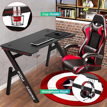 BestOffice Gaming Computer Desk Home Office Desk Extra Large Modern Ergonomic Black PC Carbon Fiber Writing Desk Table with Cup Holder Headphone Hook
