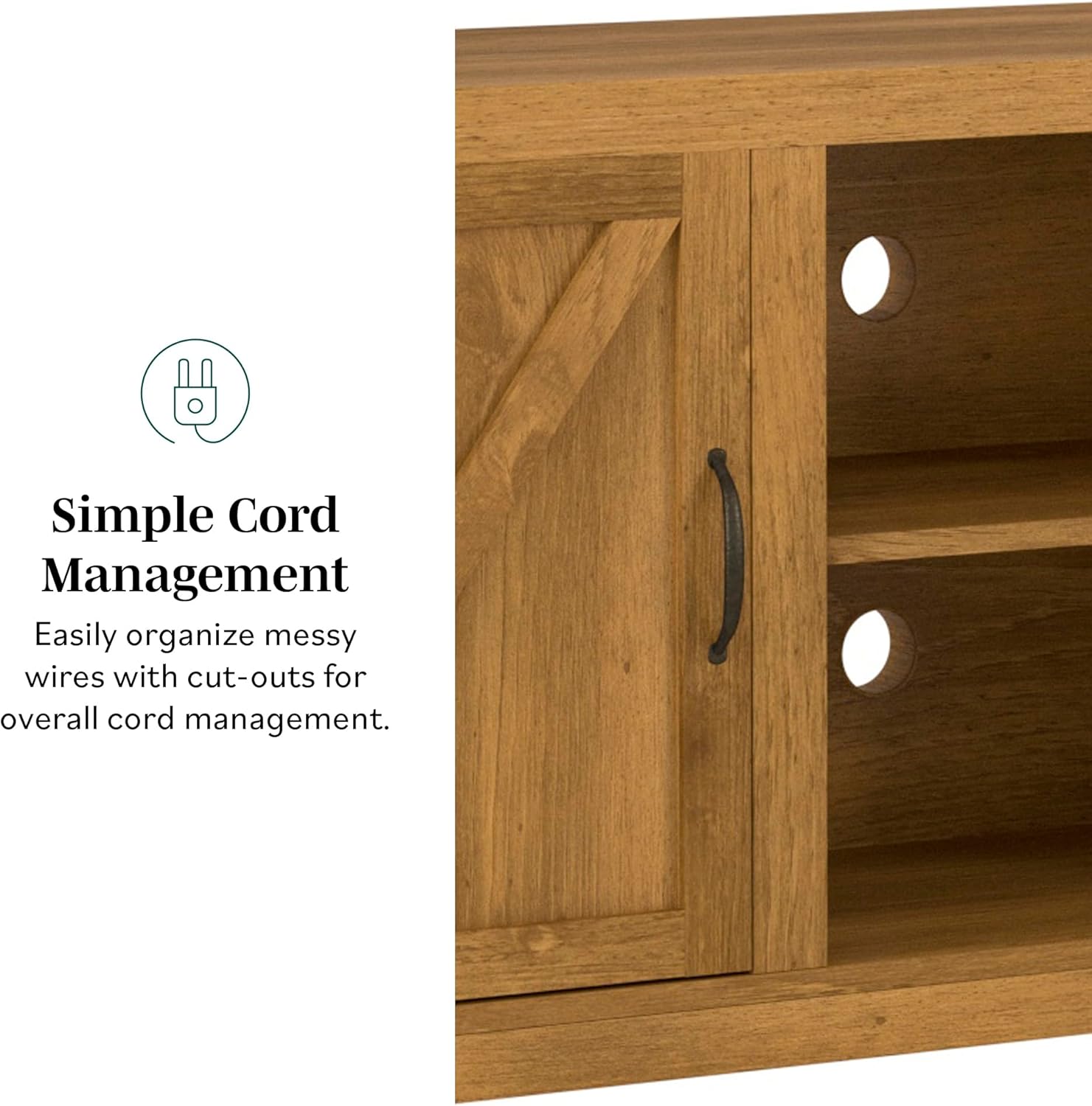 Close-up of the TV stand's back panel showing circular cord management cut-outs