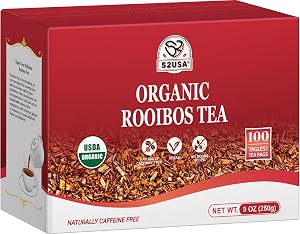 52USA Organic Rooibos Tea, 9oz (250g), 101 Tagless Tea Bag, Naturally Caffeine Free, USDA Organic