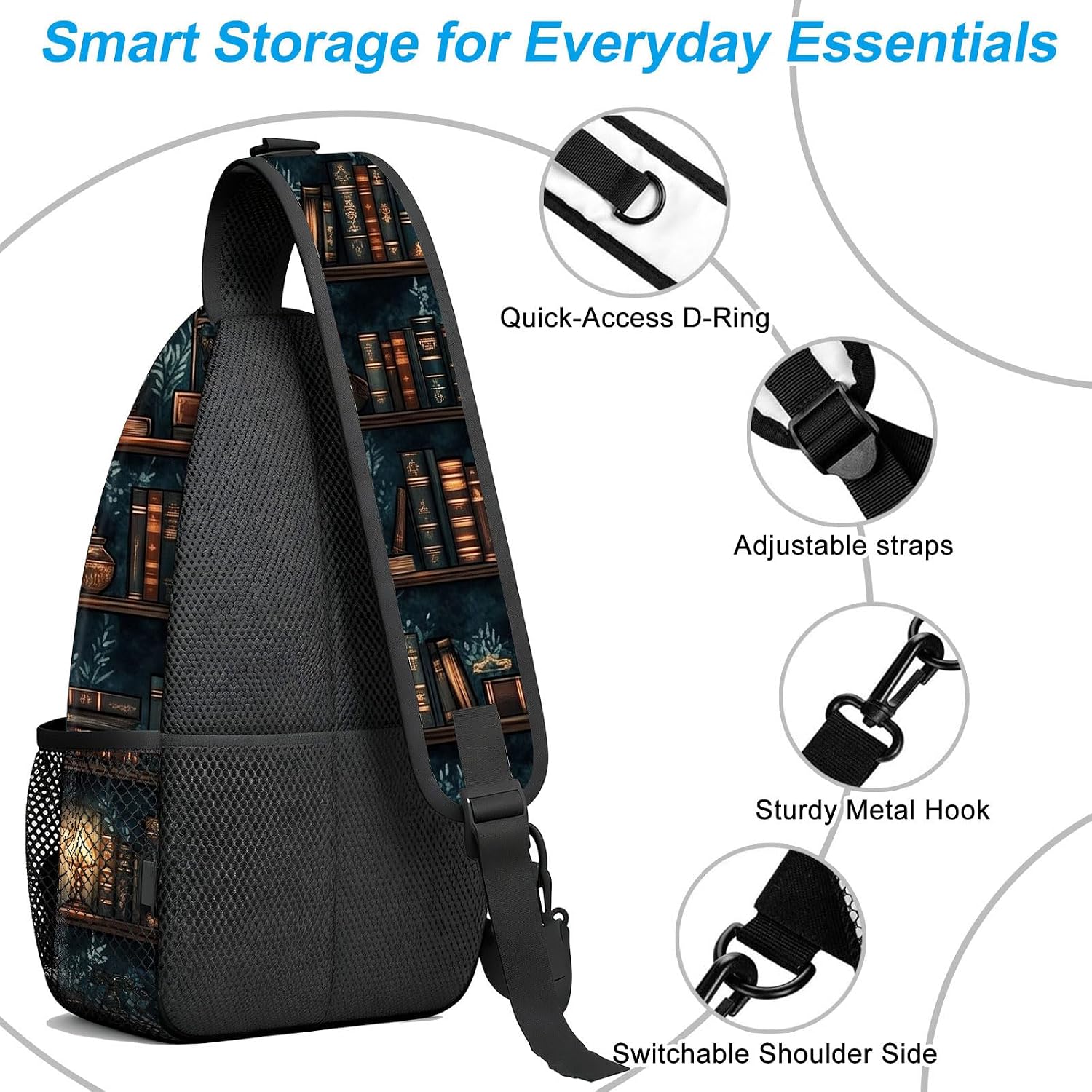 Pattern Sling Bag for Women Men, Magic Library Bookshelf Crossbody Backpack Lightweight Shoulder Bag, Small Hiking Daypack Chest Bag for Travel, Walking & Biking (Adjustable Reversible Strap)