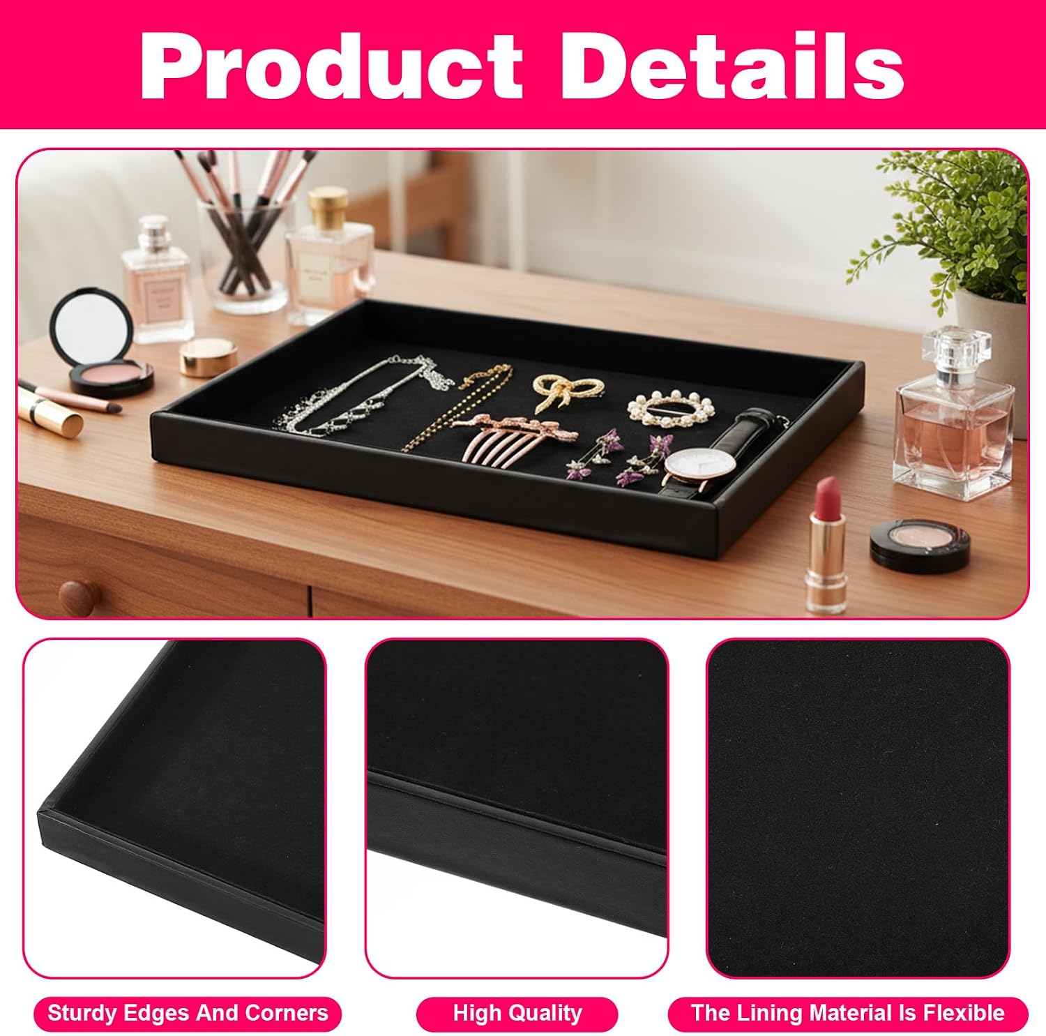6 Pcs Velvet Stackable Jewelry Organizer Trays Showcase Display Tray Bracelet Ring Earring Necklace Organizer Empty Plate for Drawers Countertop (Black)