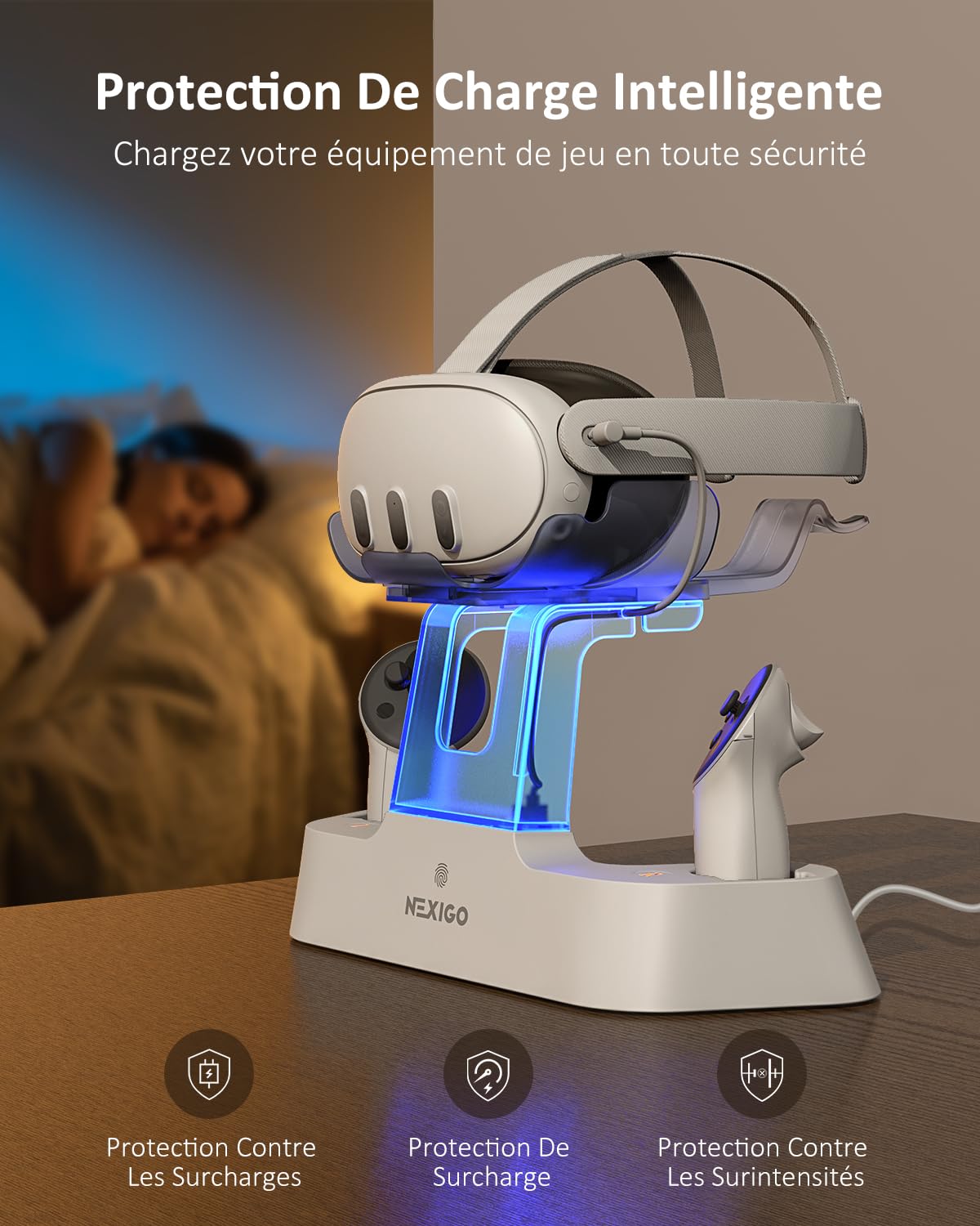 NexiGo Dock de Charge Amélioré avec Lumière LED [on/Off] pour Oculus Quest 3, Support d'Élite avec Batterie, Support de Casque et Manette, Batteries Rechargeables, Blanc