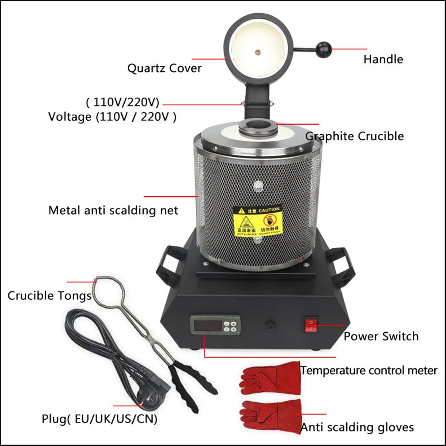 Electric Gold Smelting Furnace, Metal Melting Furnace Kits, Up to 1100℃,with Graphite Crucible,High Temperature Gloves,Crucible Tongs(Size:1kg,Color:Black (with Mesh))
