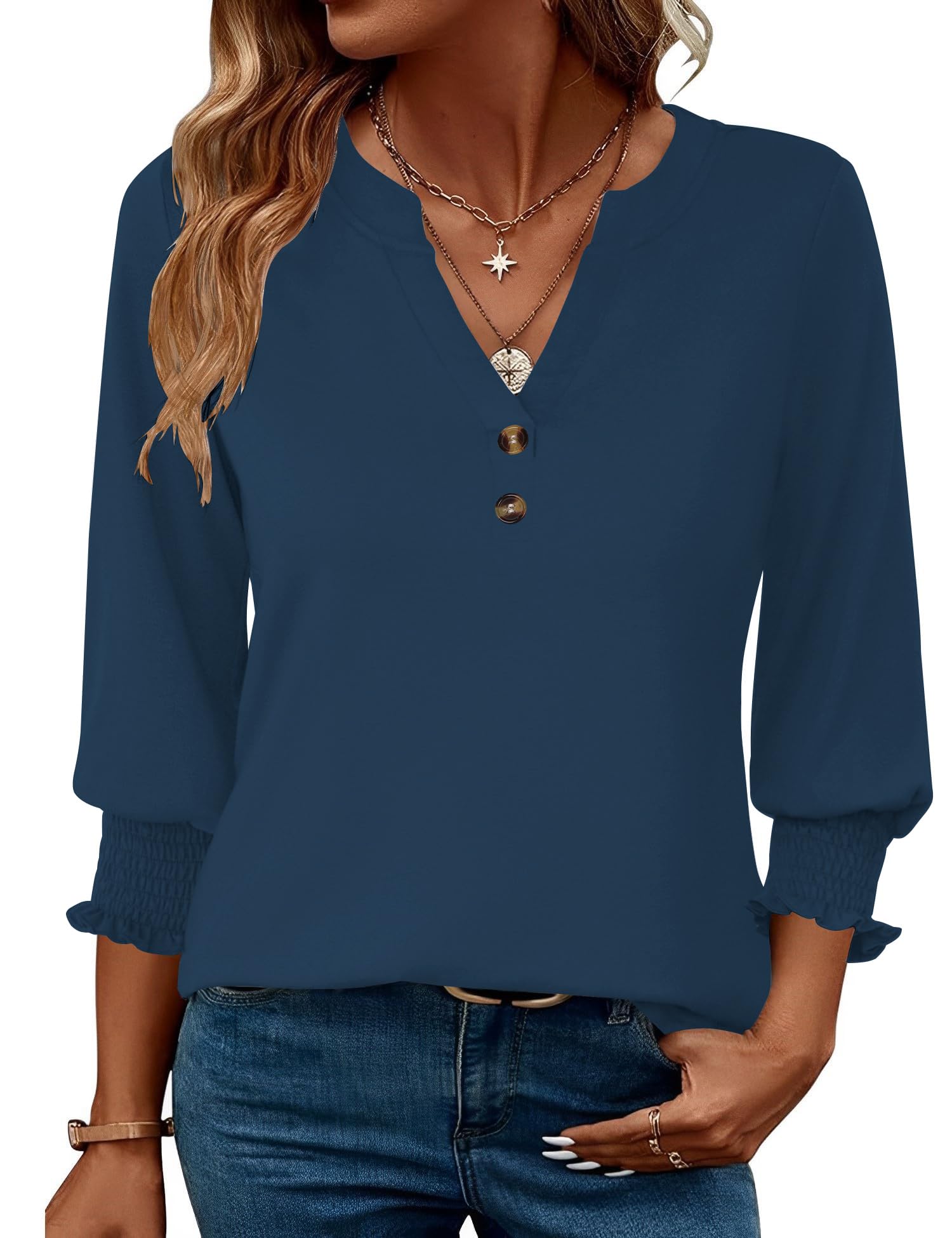 Enqoole Bluse Damen V Ausschnitt 3/4 Arm Tunika Elegant Langarmshirt Business Casual Oberteil Locker Shirt 2026