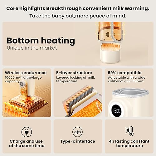 Miniatura 5 de Calentador de botellas portátil para viajes, calentamiento rápido con batería, envoltura de 360 grados de calentamiento uniforme, batería de 10000