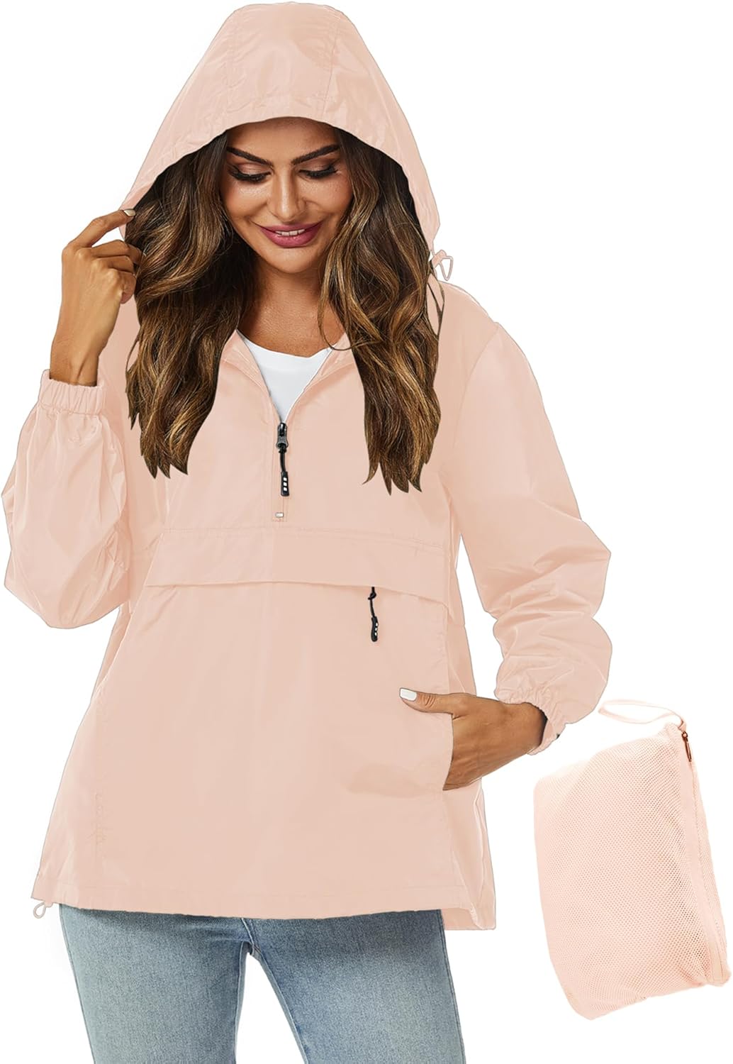 Avoogue Womens Rain Jacket with Hood,Pullover,Packable,Lightweight,Windbreaker,Waterproof,Breathable.