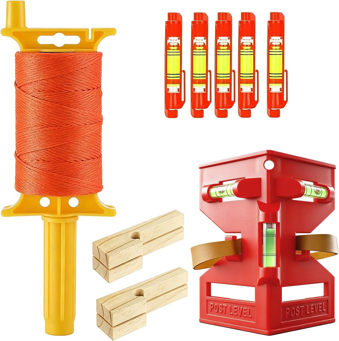 Post Level String Line Kit for masonry & fence post leveling | Includes post & pipe level with rubber strap,5 line levels,2 beech wood line blocks,118 in Mason Line